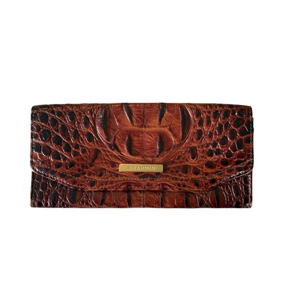 Brahmin Wallet Pecan Melbourne Croc Embossed Genuine Leather Slim Wallet - Picture 1 of 6